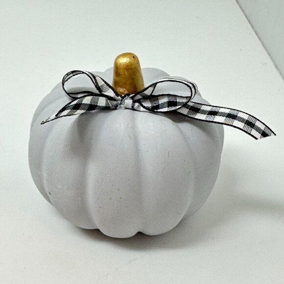 Farmhouse Pumpkin Trio White Gray Green Buffalo Check Ribbon Fall Decor Set - Picture 3 of 10